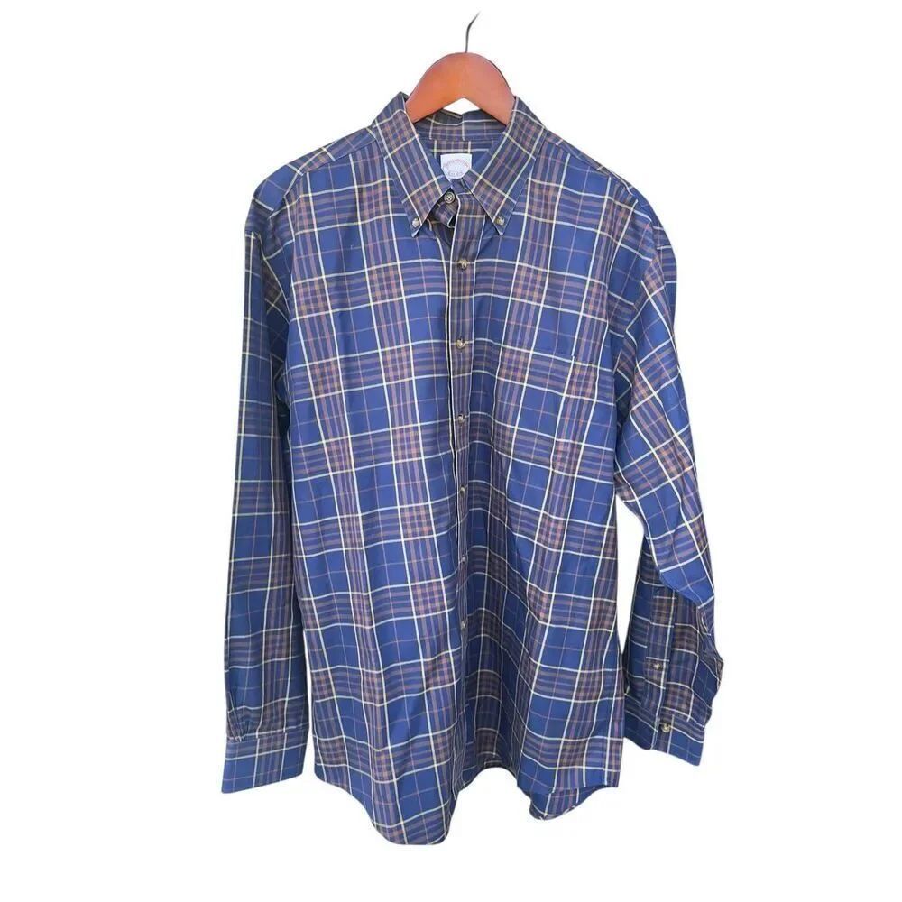 Brooks Brothers Shirts Mens Sz L Navy Blue Beige Plaid Cotton Button Down